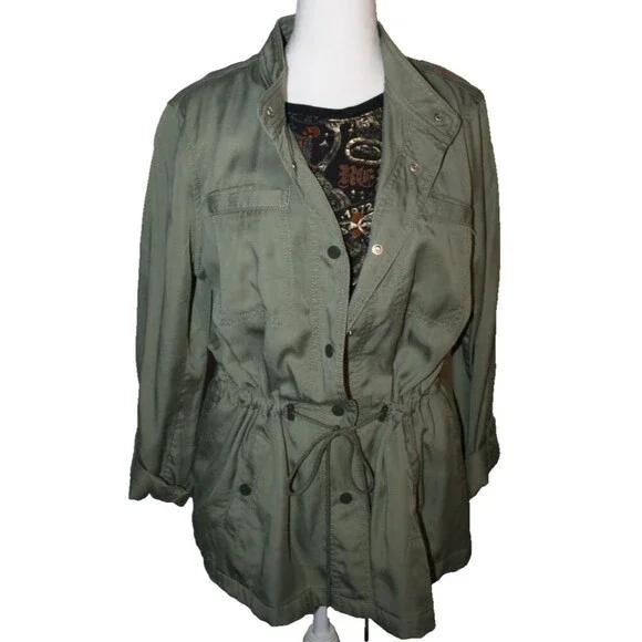 Ann Taylor LOFT Army Green Military Style Jacket Size Medium Cinch waist Utility - Picture 3 of 11